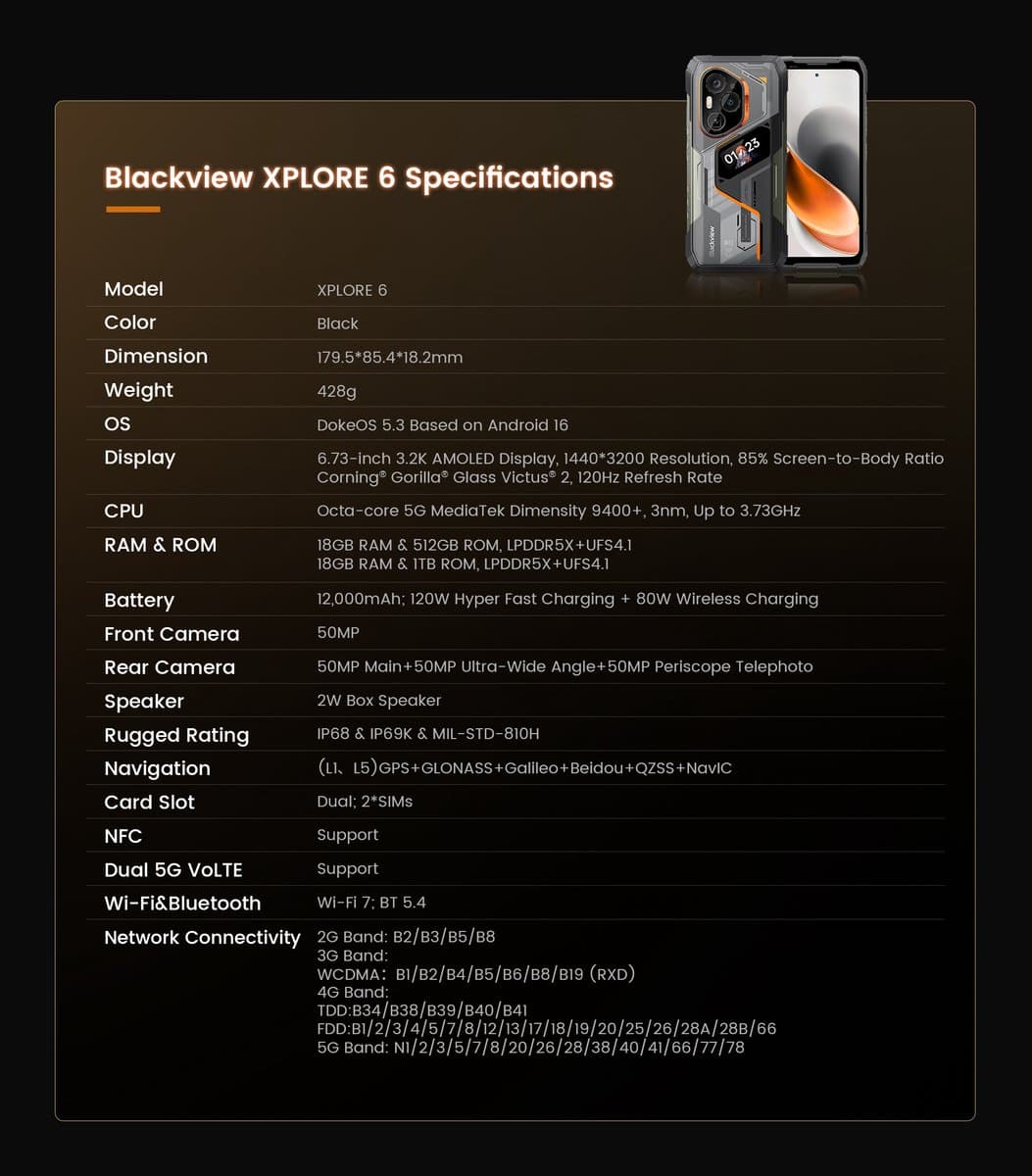Blackview XPLORE 6 Robuuste 5G smartphone - 6,73" 3.2K AMOLED Scherm - 12000mAh Accu 120W snelladen - 18GB RAM + 512GB ROM - IP68 IP69K MIL-STD-810H - Drievoudige 50MP Camera - Android 16 (Geen GI Teleconverter ) — afbeelding 1