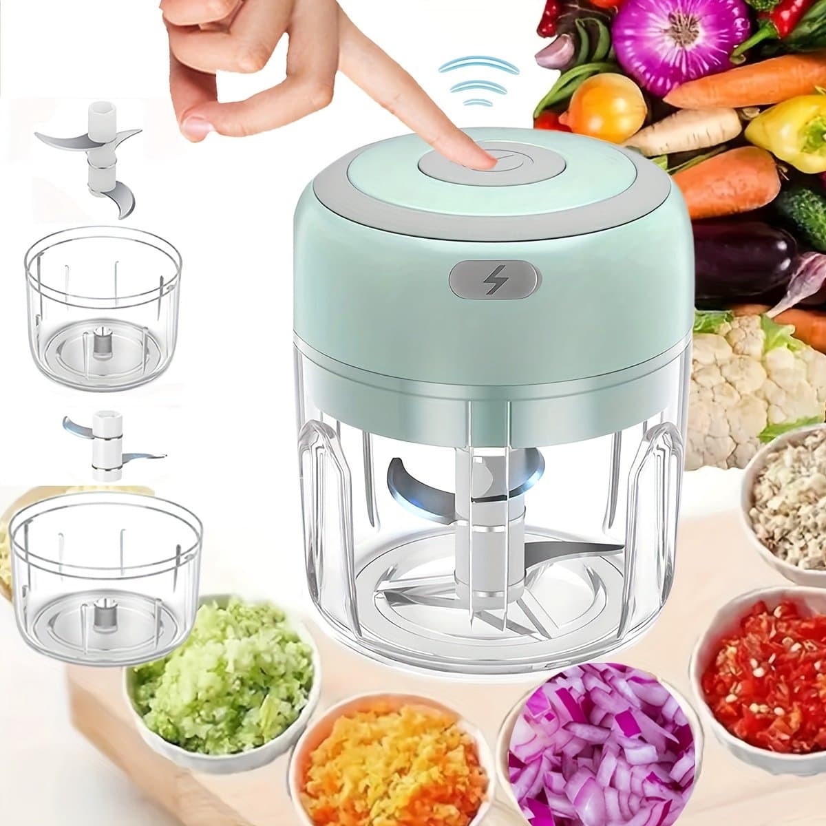 Mini keukenmachine 250 ml, vleesmolen, kleine keukenmachine met 3 roestvrijstalen messen, elektrische hakmolen, Geschikt voor vlees, groenten en fruit. — afbeelding 1