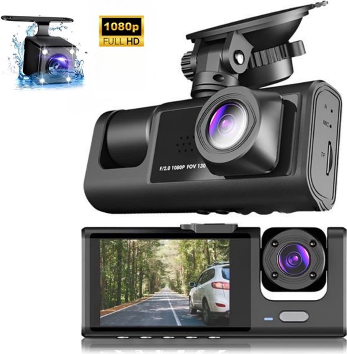 Dashcam met drie lenzen, dubbele opname voor en achter, 1080p Full HD (met 256 GB geheugenkaart) — afbeelding 1