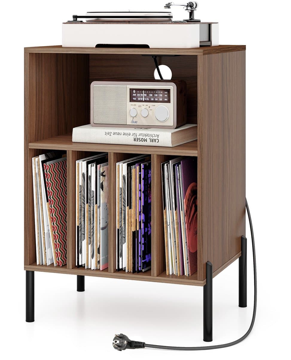 COSTWAY Draaitafel standaard met laadstation, vinylplaten, draaitafel met plank en 4 scheidingswanden en metalen poten, platenstandaard bijzettafel, woonkamer kantoor, 53 x 45 x 78,5 cm (bruin) — afbeelding 1