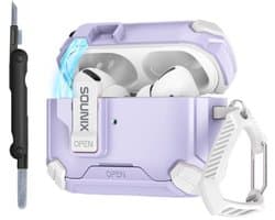 Sounix Hoesje geschikt voor Airpods Pro 1 / 2 - Met schoonmaak borstel - Airpods Pro Hoesje - Armor Case met Lock - Wit /Paars