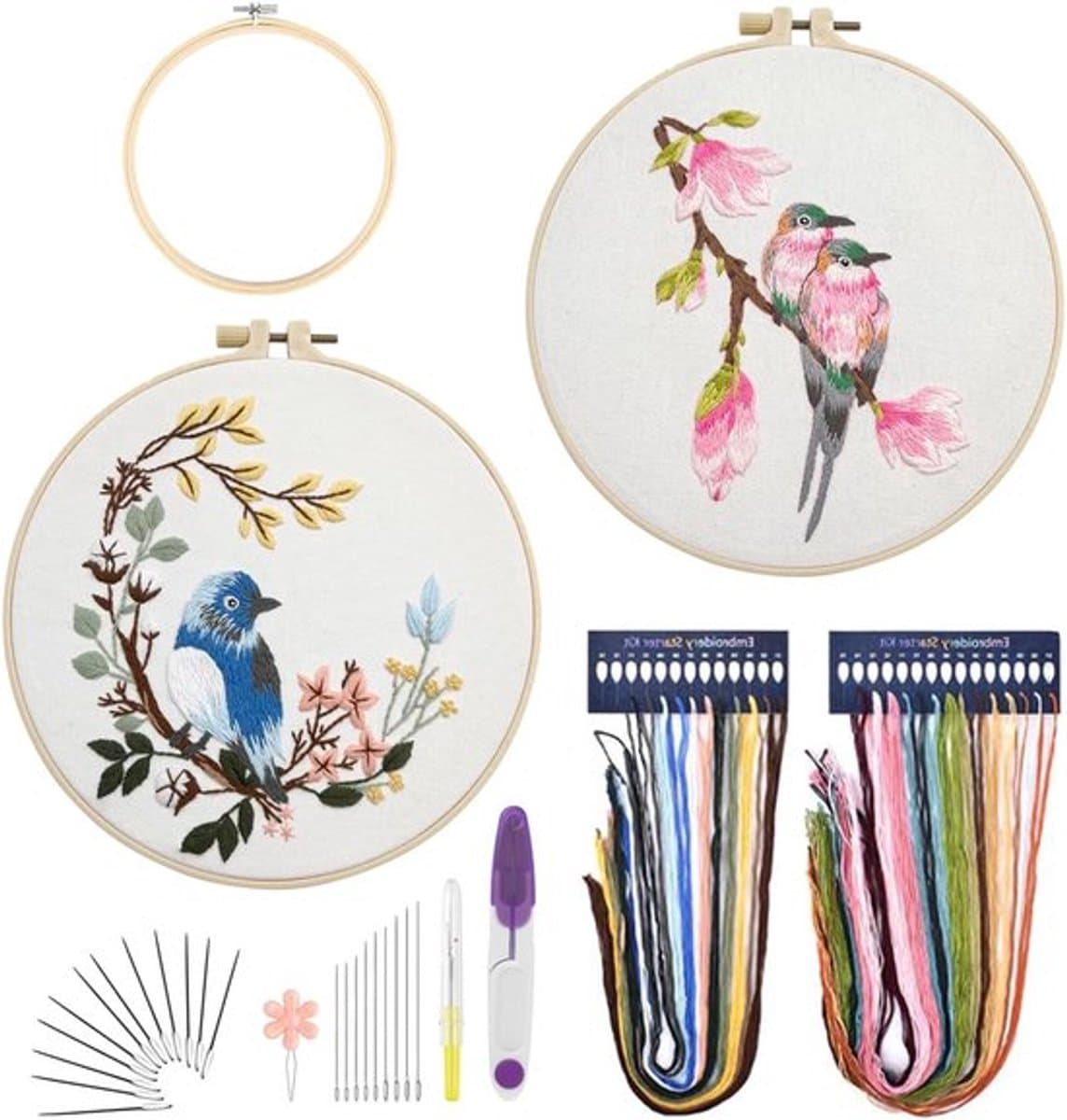 2 sets borduurset voor beginners - kolibrie en bloemenkruissteek-startersets met handleiding — afbeelding 1