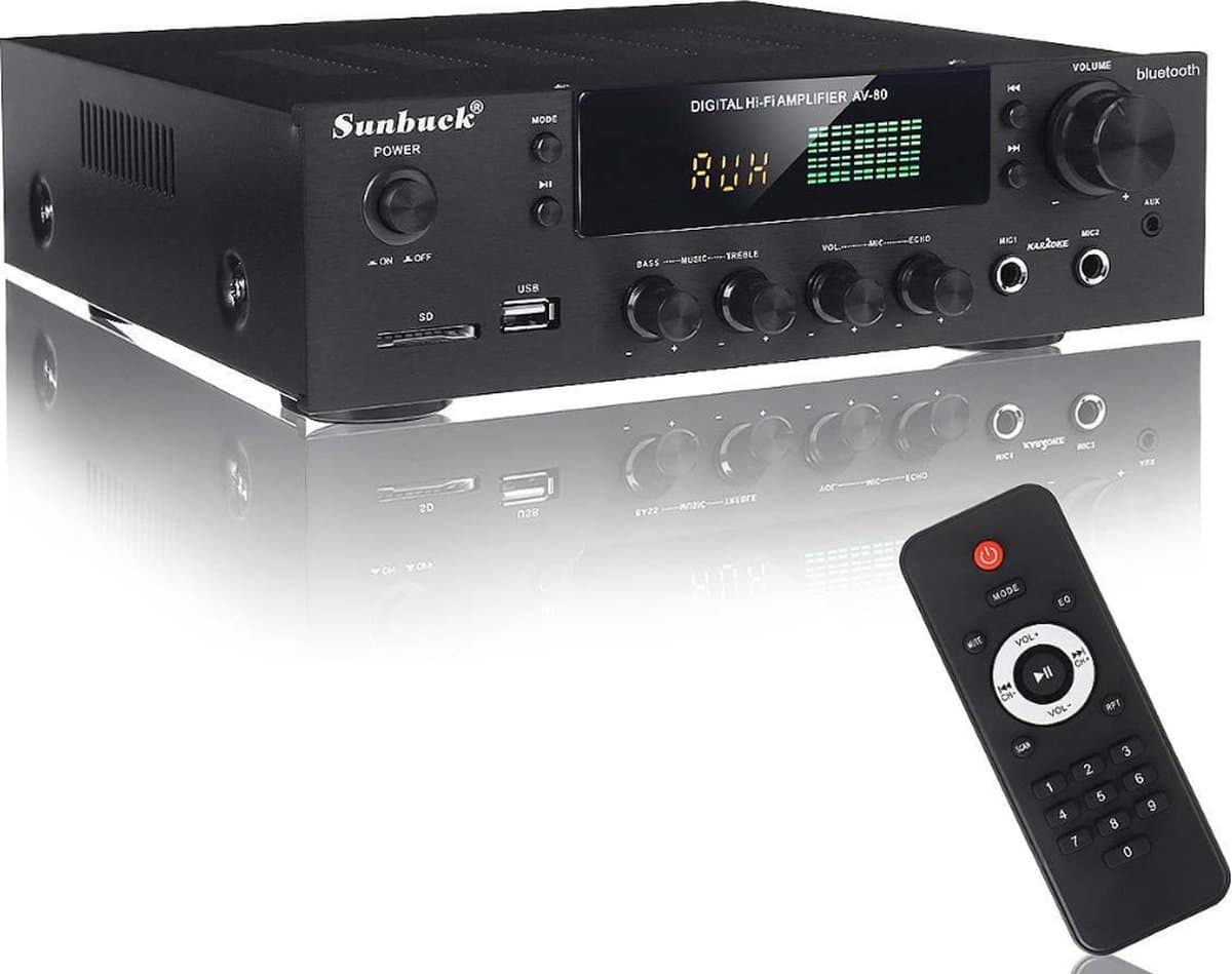 Sunbuck HiFi Versterker - SD/MP3/USB - Hifi Bluetooth Eindversterker - 2x Mic - CD/DVD - AUX - Speaker output- Incl. Afstandsbediening - 25 x 25 x 7cm - Zwart — afbeelding 1