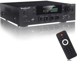 Sunbuck HiFi Versterker - SD/MP3/USB - Hifi Bluetooth Eindversterker - 2x Mic - CD/DVD - AUX - Speaker output- Incl. Afstandsbediening - 25 x 25 x 7cm - Zwart
