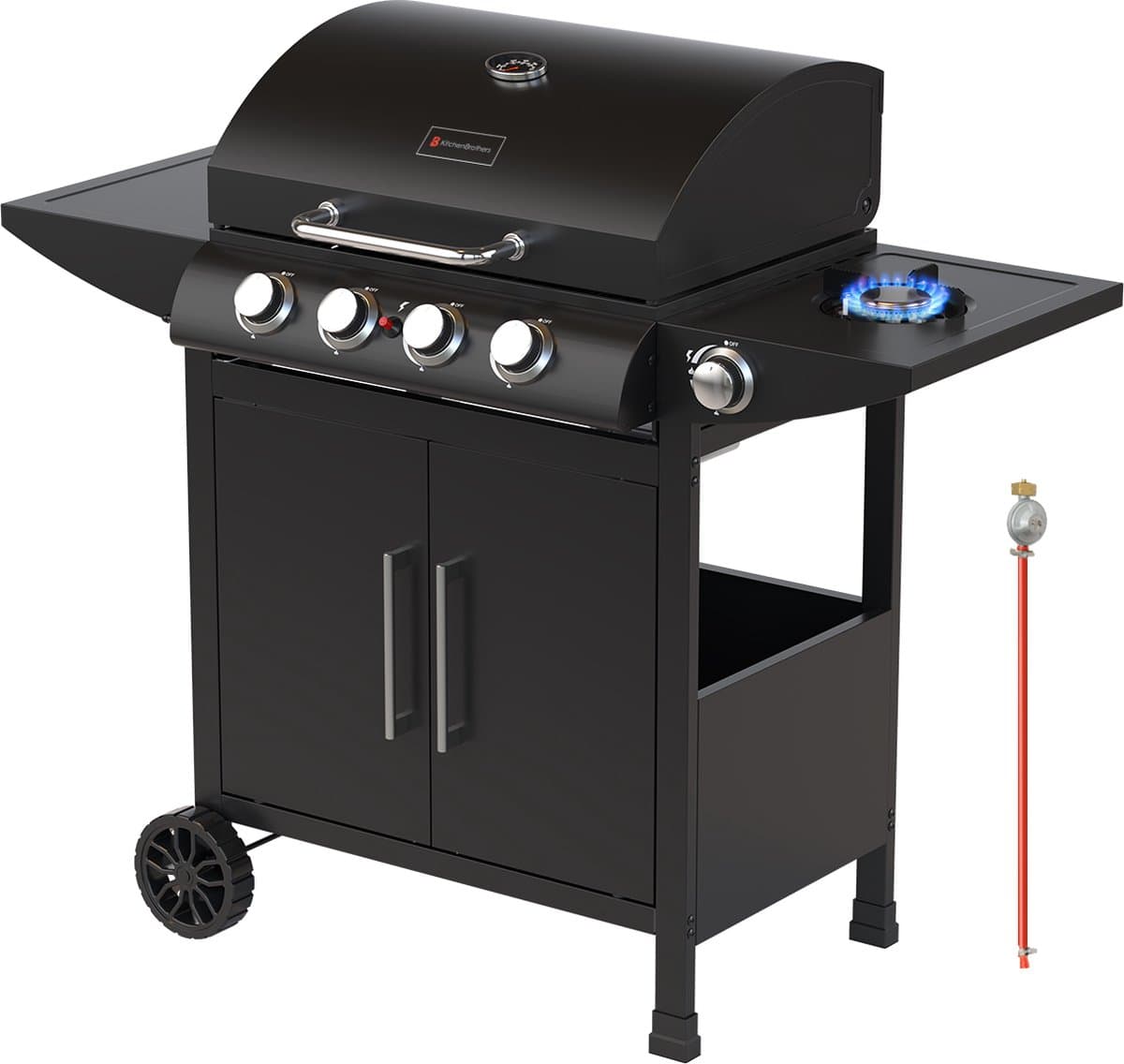 KitchenBrothers Gas BBQ - Gasbarbecue met zijbrander - 5 Branders - PFAS Vrij - Met Gasaansluiting - 42x57cm Grilloppervlak - Extra Opbergruimte - Vaderdag Cadeau - Zwart — afbeelding 1
