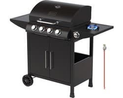 KitchenBrothers Gas BBQ - Gasbarbecue met zijbrander - 5 Branders - PFAS Vrij - Met Gasaansluiting - 42x57cm Grilloppervlak - Extra Opbergruimte - Vaderdag Cadeau - Zwart