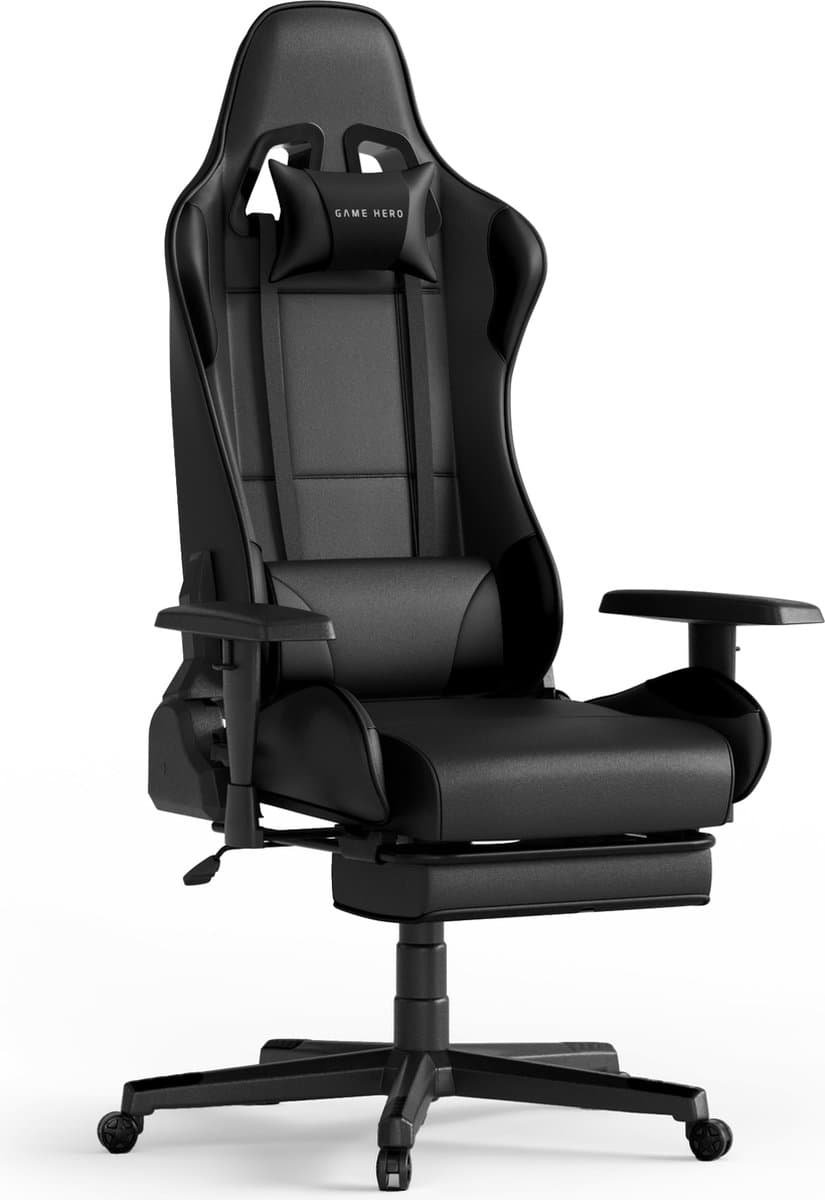 GAME HERO® Winner X1 - Gaming Stoel - Gamestoel - Gaming Chair - Verstelbare Armleuningen - Gamestoel Met Voetsteun - Zwart — afbeelding 1