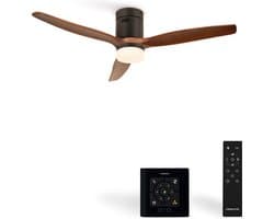 CREATE - Plafondventilator 40W silent Ø132 cm ABS - Met Verlichting drie temperaturen - Met Wandregelaar - Met Afstandsbediening - 6 Snelheden - Timer - Zomer/Winter functie - Donker Hout - WIND CALM
