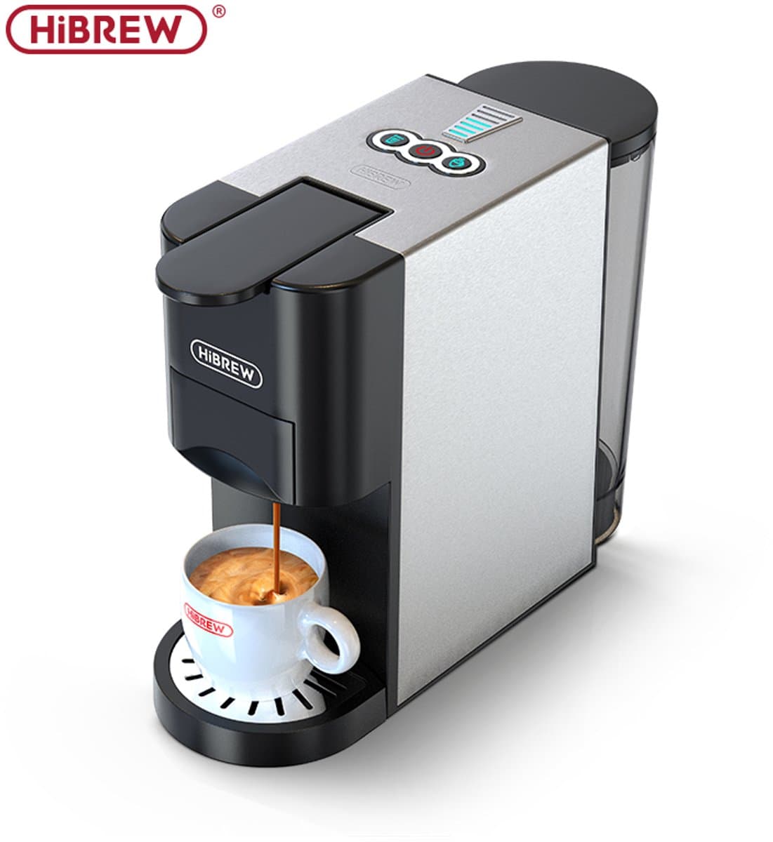 HiBREW H3D 4-in-1 Koffiecupmachine - 20 Bar - Voor NS/DG/ESE/Pods & Gemalen Koffie - Warm & Koud - 7 Waterniveaus - Roestvrijstaal - Zwart — afbeelding 1