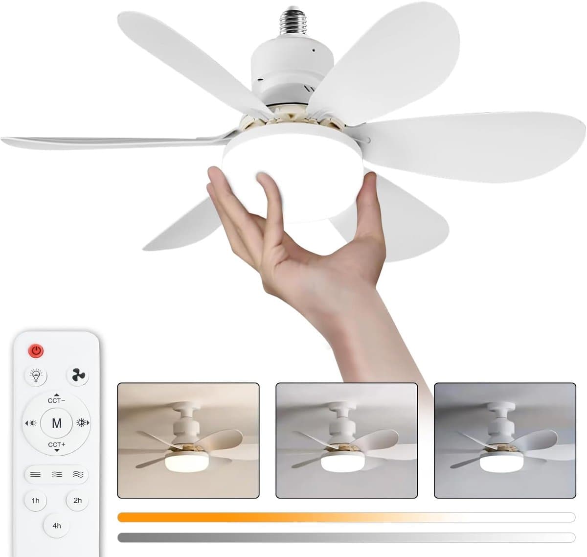 Plafondventilator met Licht - Inschroefbare Mini Ventilator met Afstandsbediening - 52 cm - 3 Snelheden en 3 Kleurtemperaturen - Wit — afbeelding 1