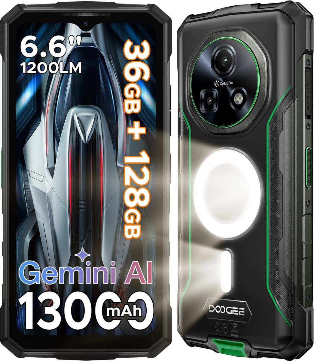 DOOGEE Fire 5 Ultra - Smartphone - Robuuste Smartphone - 36GB RAM + 128GB ROM/2TB TF - Android 16 - 13000mAh/18W - 6,6 inch 90Hz Scherm - IP68 Waterdicht - 1200LM Kampeerlamp - Gemini AI - NFC & GPS - Face ID - Groen — afbeelding 1