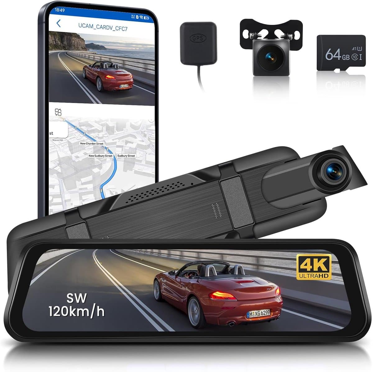 SnelShoppen - 9,66 Inch Achteruitkijkspiegel Dashcam 4K Voor- en Achtercamera 1080P met Nachtzicht, WiFi, GPS, ADAS, BSD, LCA, Lusopname en Kaart voor — afbeelding 1