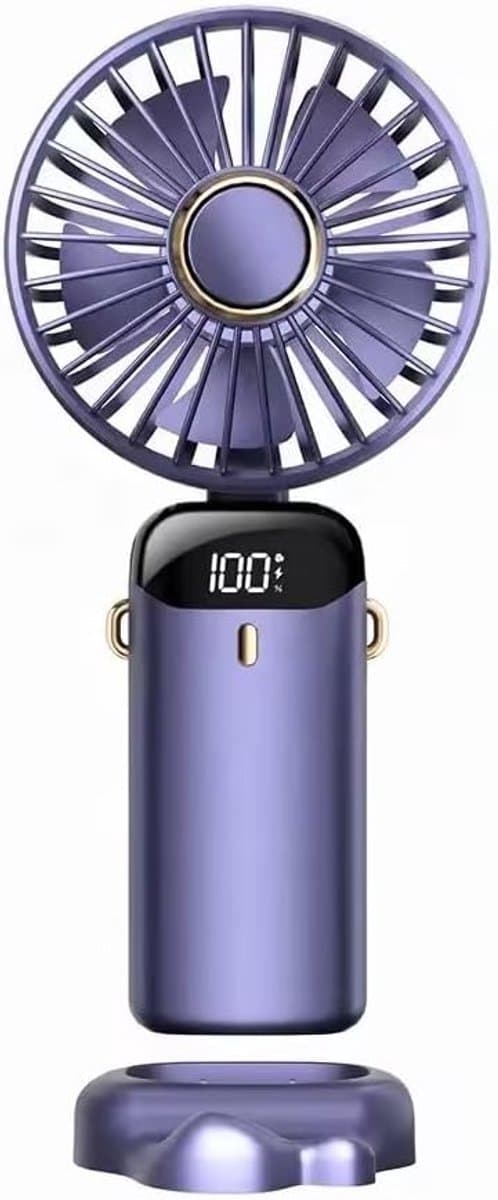 Draagbare handventilator – Verbeterde 800 mAh-ventilator met led-display – 90° inklapbaar, 5 snelheden, 3-in-1 (hand-, nek- en bureauventilator) – Compacte ventilator voor o.a. make-up(Paars) — afbeelding 1