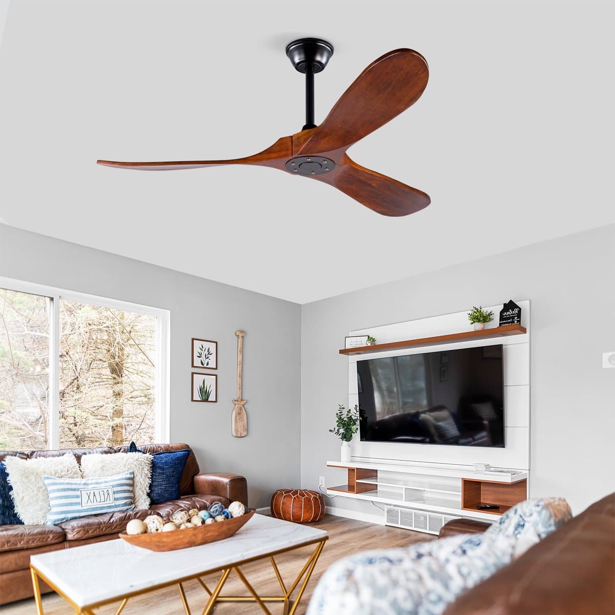 Plafondventilator 52 inch met 3 houten bladen - Geheugenfunctie - Afstandsbediening - Voor terras, woonkamer en slaapkamer - Walnootafwerking - Propellerontwerp — afbeelding 1