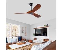 Plafondventilator 52 inch met 3 houten bladen - Geheugenfunctie - Afstandsbediening - Voor terras, woonkamer en slaapkamer - Walnootafwerking - Propellerontwerp