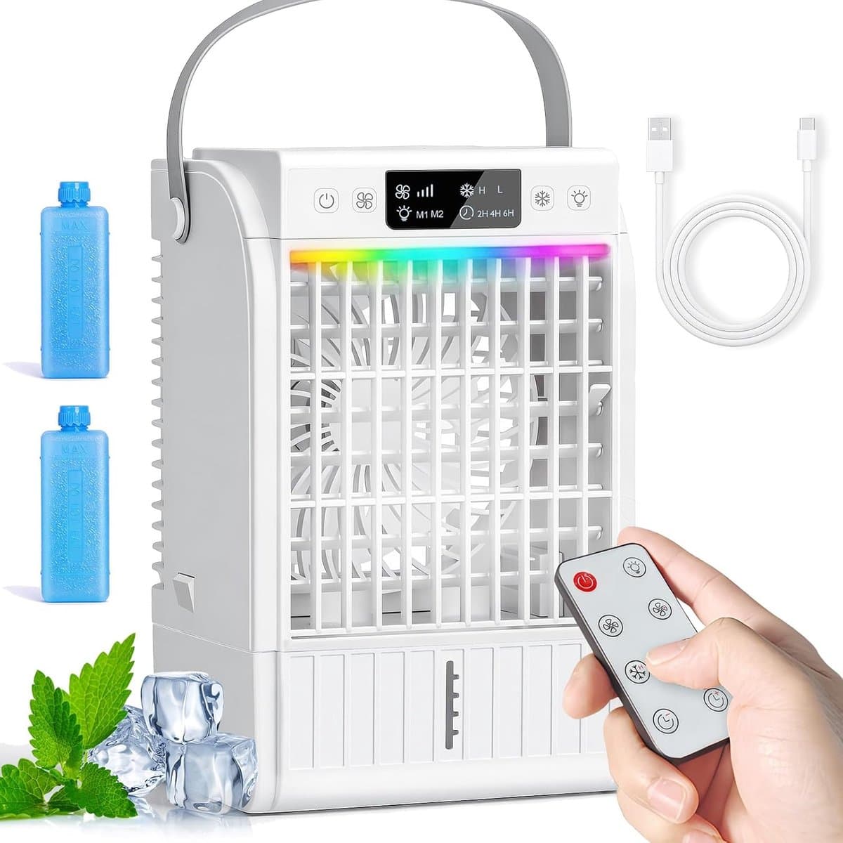Mini Luchtkoeler 4-in-1 – Mobiele Airco, Ventilator & Luchtbevochtiger met Afstandsbediening – 1500 ml Watertank – 4 Snelheden, 2 Mistmodi, RGB-licht & Timer — afbeelding 1