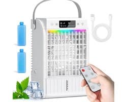 Mini Luchtkoeler 4-in-1 – Mobiele Airco, Ventilator & Luchtbevochtiger met Afstandsbediening – 1500 ml Watertank – 4 Snelheden, 2 Mistmodi, RGB-licht & Timer