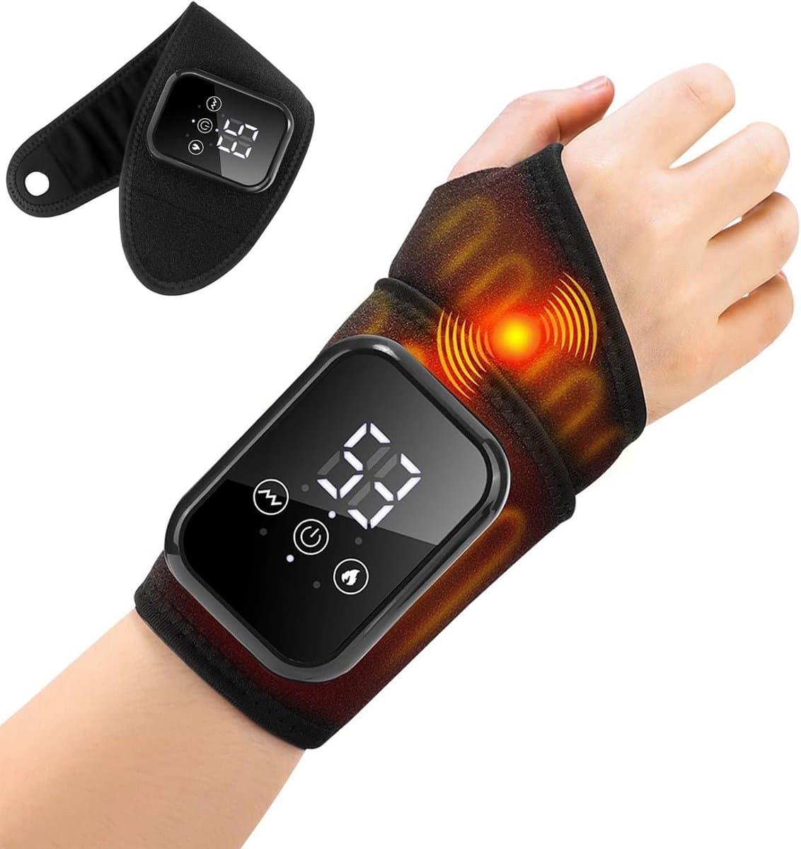 KZQ Draadloze polsverwarmingsband met 3 warmtestanden en vibratie - Oplaadbaar voor hand pols elleboog en enkel - Warmtetherapie en massage voor kantoor en gamers - Zwart — afbeelding 1