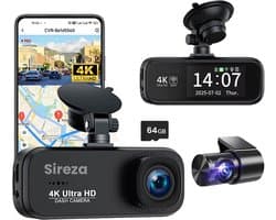 Sireza® D3 - Dashcam - Dashcam Voor Auto - Dual Dashcam - Ultra 4K & UHD - Voor en Achter Camera - WiFi - 2 inch met App - A-GPS live locatie + snelheid - 64GB SD Kaart - Loop Opname - G Sensor -mini koevoet - NL/FR/ENG Handleiding