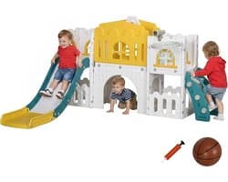 Kinderglijbaan 7-in-1, glijbaan voor kleine kinderen met basketbalmand, klimrek, telescoop, tunnel, stuurwiel, platformgang, opbergmand, kinderspeelplaats voor kinderen van 1 tot 3 jaar