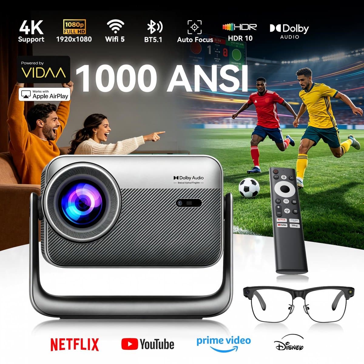 Blackview PV1000 Max+ BV200 - Beamer + AI Slimme Zonnebril - 18000 Lumen 4K Decodering Dolby Audio TOF Autofocus 360° Gimbal - Thuis & Buiten cinema Spelmodus VIDAA OS Netflix Disney+ - Complete bundel — afbeelding 1