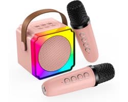 Karaoke Set voor Kinderen met Bluetooth Speaker van MMOBIEL – Met 2 Draadloze Microfoons, LED-verlichting, Geluidseffecten – Feest, Cadeau voor Meisje, Jongen, Kinderen 3+ jaar – Roze