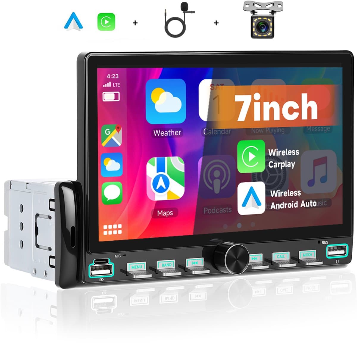 Boscer 1 Din Autoradio met 7 Inch Scherm - Draadloos Apple CarPlay & Android Auto - Bluetooth, Handsfree Bellen & FM Radio (RDS) - Achteruitrijcamera & Microfoon — afbeelding 1