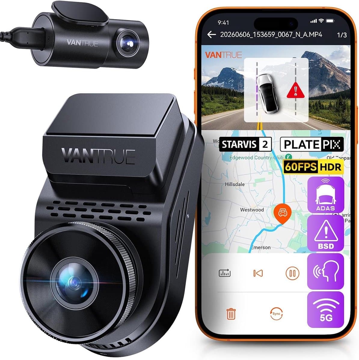 Dashcam voor auto - Zwart - 2,7K + 1080p Dual Lens - Met Nachtzicht en 24-uurs Parkeermonitoring - Voor en Achter Opname — afbeelding 1