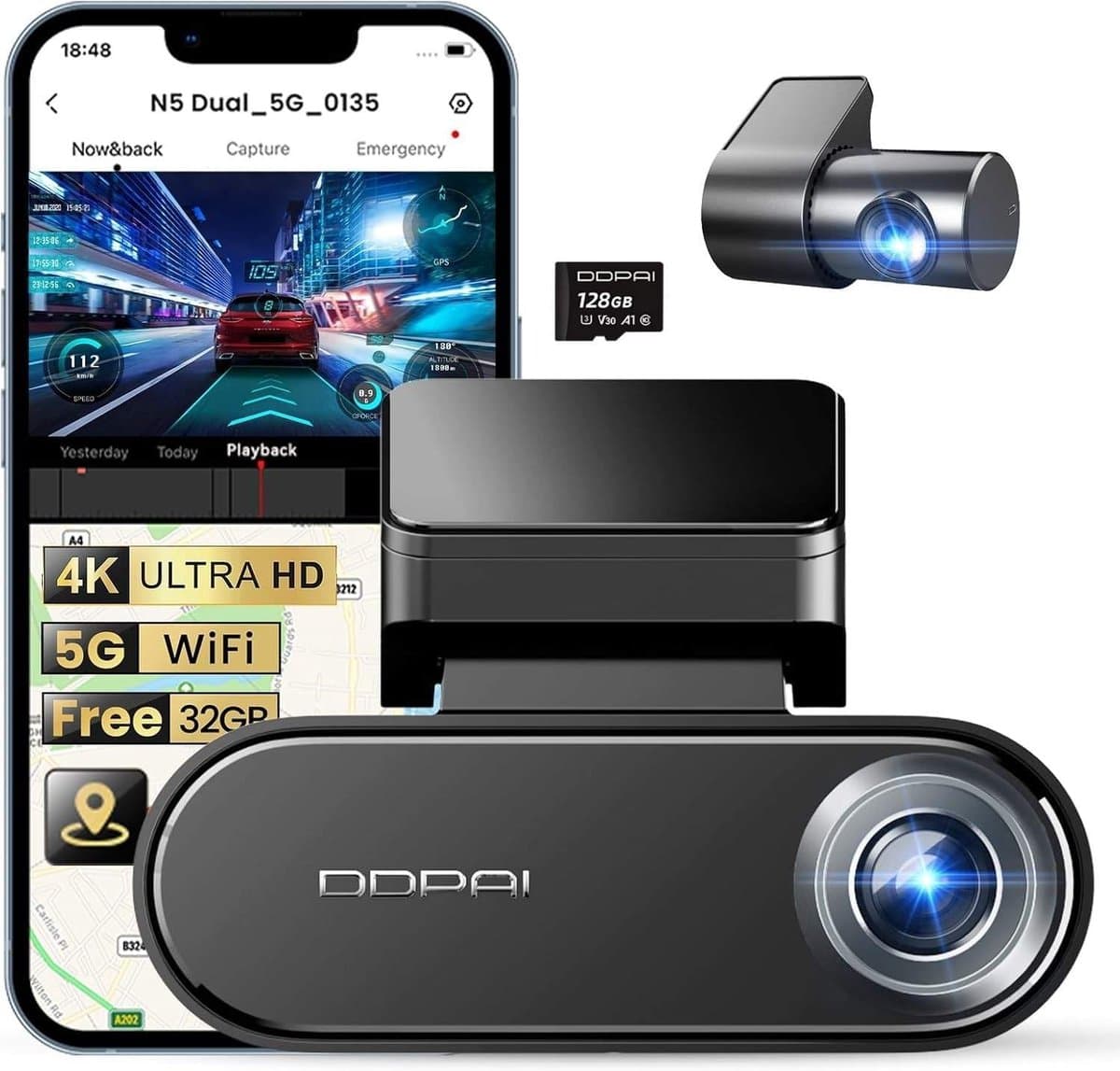 Dashcam voor auto - Zwart - 4K + 1080P Dual Camera - Met GPS, Nachtzicht en 128GB Geheugenkaart - Voor Personenauto's — afbeelding 1