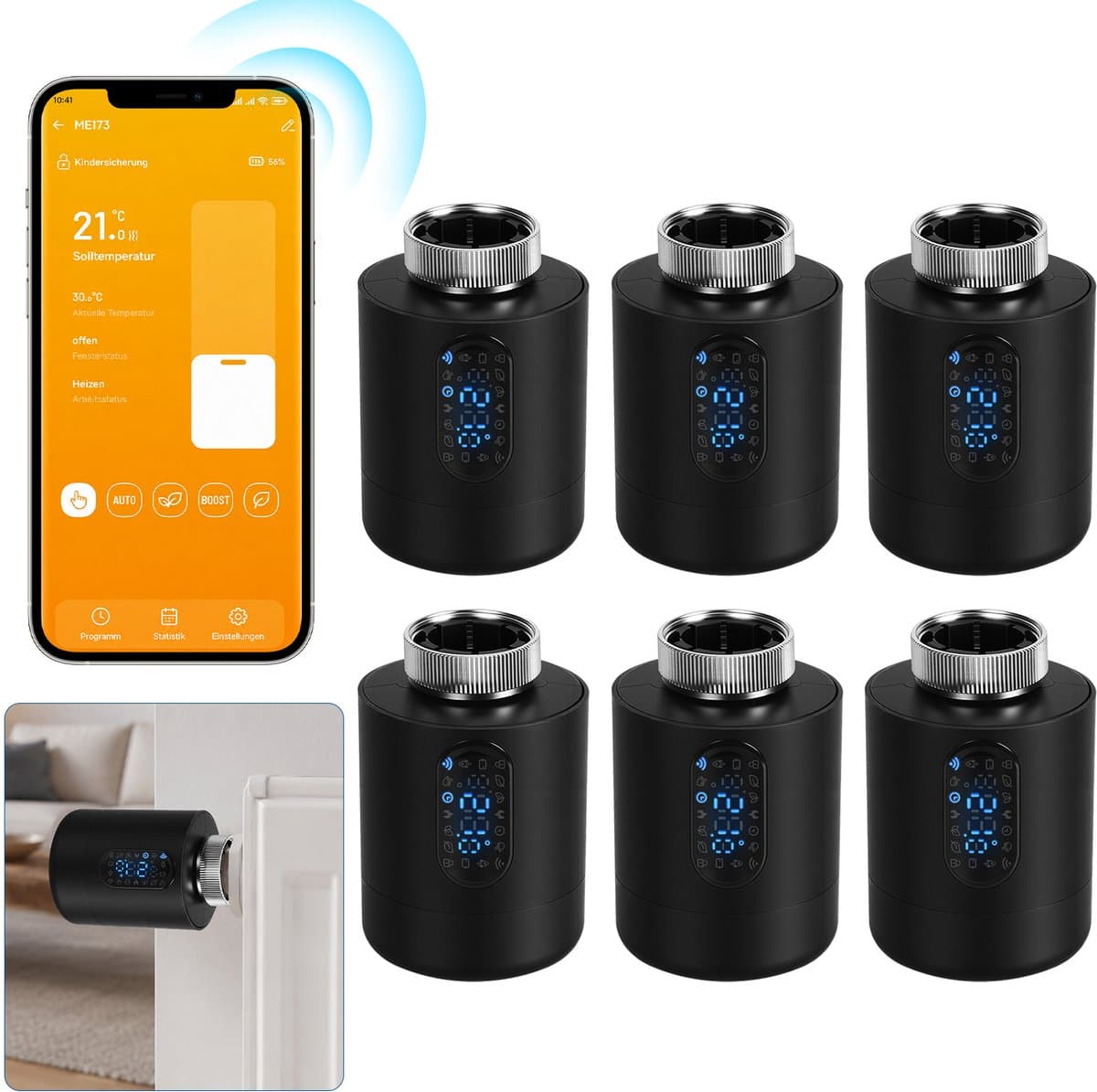 Slimme Thermostaatkraan voor Radiator – WiFi, App en 6 Modi – Zwart – 6-pack — afbeelding 1
