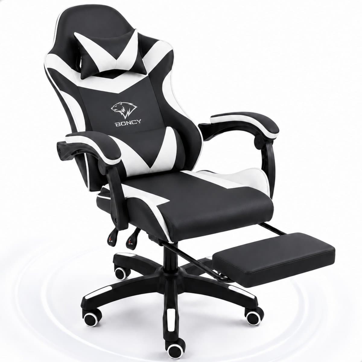 Boncy® Gaming Stoel - Comfortabele Gamestoel met Voetsteun - Game Chair Verstelbaar in Hoogte - 170° Verstelbare Rugleuning - Wit / Zwart — afbeelding 1