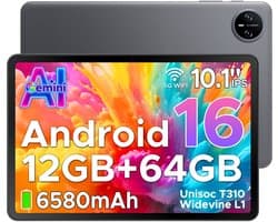 DOOGEE TAB A9 - Tablet - Android 16 - 12GB RAM + 64GB ROM(2TB/TF) - 10 Inch - 6580 mAh - 5G WiFi - Tablet Unisoc T310 - Dubbele Luidspreker - 3,5 mm aansluiting - Face ID - Grijs