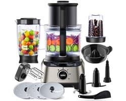 11-in-1 keukenmachine, 1300 W, blender, hakmolen, sapcentrifuge, deegmachine, 2,5 l kom, 1,5 l mengbeker, 3 snelheden, pulsfunctie, veiligheidsvergrendeling
