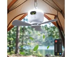 Rosnek Oplaadbare Plafondventilator met Lamp - 8000mAh Campingventilator - Draadloze Tentventilator met Onafhankelijk Nachtlampje & Afstandsbediening - Plafondlampen met ventilator Ø 27cm - Wit