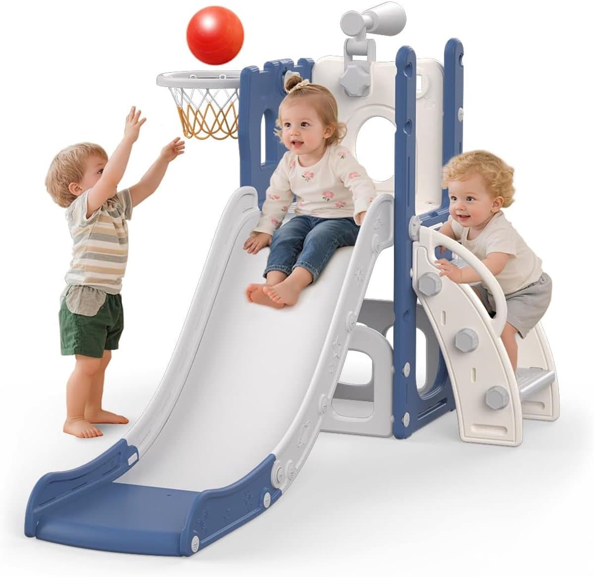 5-in-1 glijbaan voor kinderen, 5-in-1 glijbaan voor binnen en buiten, speelplaats voor kinderen met basketbalmand, opbergruimte en telescoop, speelplaats voor kinderen vanaf 1 jaar, blauw — afbeelding 1