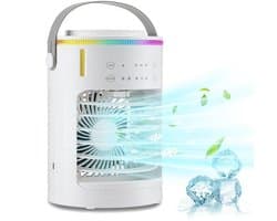 TEKROA® Ventilatoren - Mini Aircooler met Water - Mobiele Airco - Tafelventilator - Drie ventilatorsnelheden, drie timerinstellingen en twee nevelstanden - wit