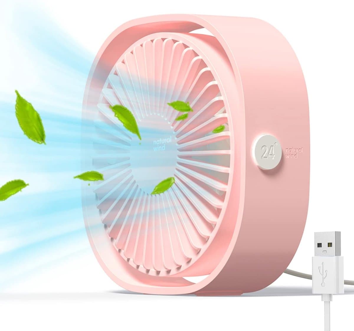 Mini USB-bureauventilator, stil en draagbaar, werkt alleen via USB (geen batterij nodig), 3 snelheidsstanden, 360° draaibaar voor thuis en op reis, roze — afbeelding 1