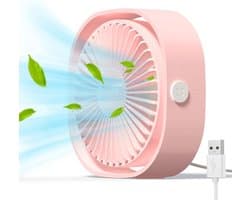 Mini USB-bureauventilator, stil en draagbaar, werkt alleen via USB (geen batterij nodig), 3 snelheidsstanden, 360° draaibaar voor thuis en op reis, roze