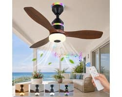 MUPOO Houtlook plafondventilator met verlichting RGB Ø61cm-RGB LED plafonventilator afstandsbediening met Bluetooth Speaker-plafonniere met ventilator met 3 Snelheden & Slaapmodus- ventilator lamp plafond Voor slaapkamer,Woonkamer veranda