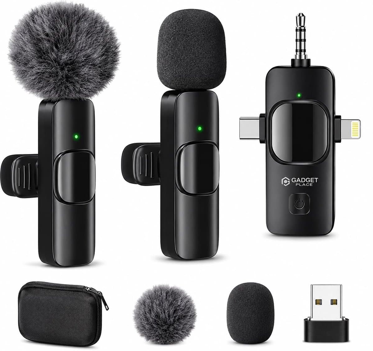 Draadloze Lavalier Microfoon 2 Stuks met Beschermcase – Plug & Play – Bluetooth – USB-C & Lightning – Mini Dasspeldmicrofoon – Microfoon Draadloos — afbeelding 1