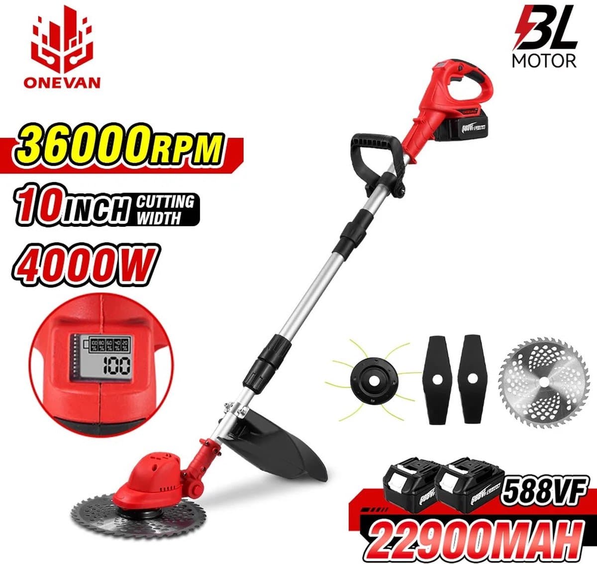Grasmaaier - Grastrimmer - Incl 2 Accu´s & Oplader - Onkruid - Maaier - Kantelmaaier - Rood — afbeelding 1