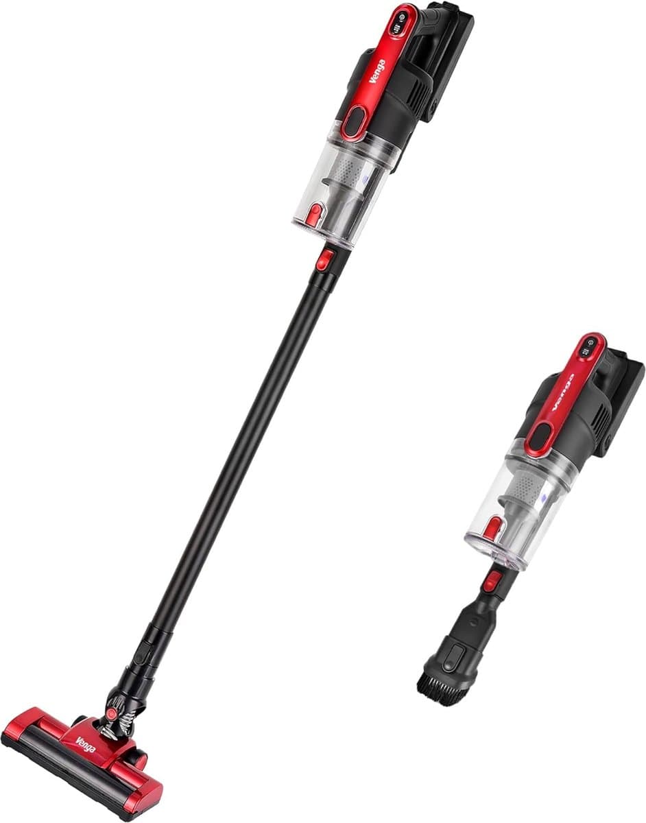 Draadloze Stofzuiger - Incl. 6 Mondstukjes - Zonder Zak - Op Batterij - Rood/Zwart - Kruimeldief - Op Accu - Steelstofzuiger — afbeelding 1