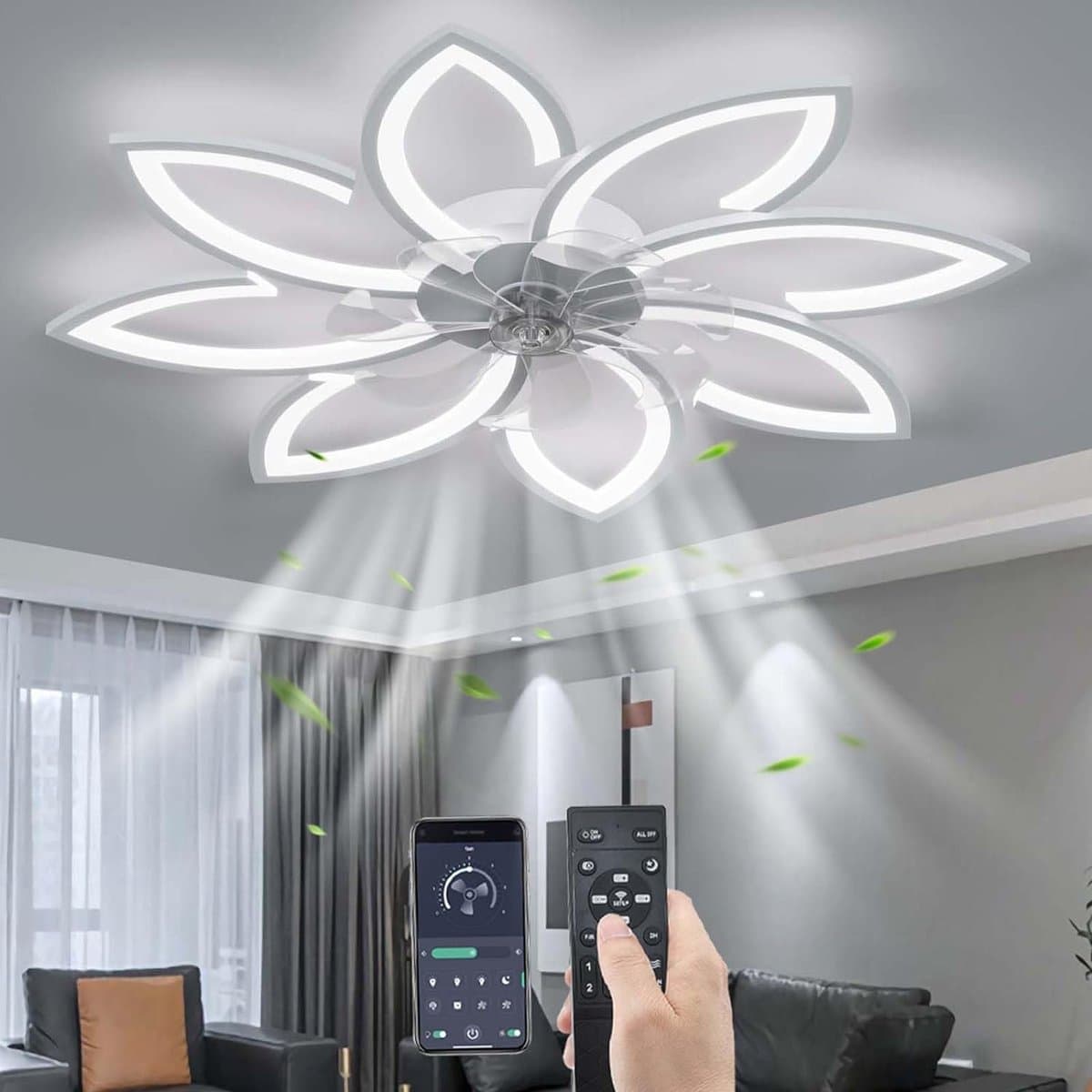 8 Sterren Plafondlamp Met Ventilator - Wit - Met Afstandsbediening - Smart lamp - Dimbaar Met App - 6 Standen Ventilator - Woonkamerlamp - Moderne lamp - Plafoniere — afbeelding 1