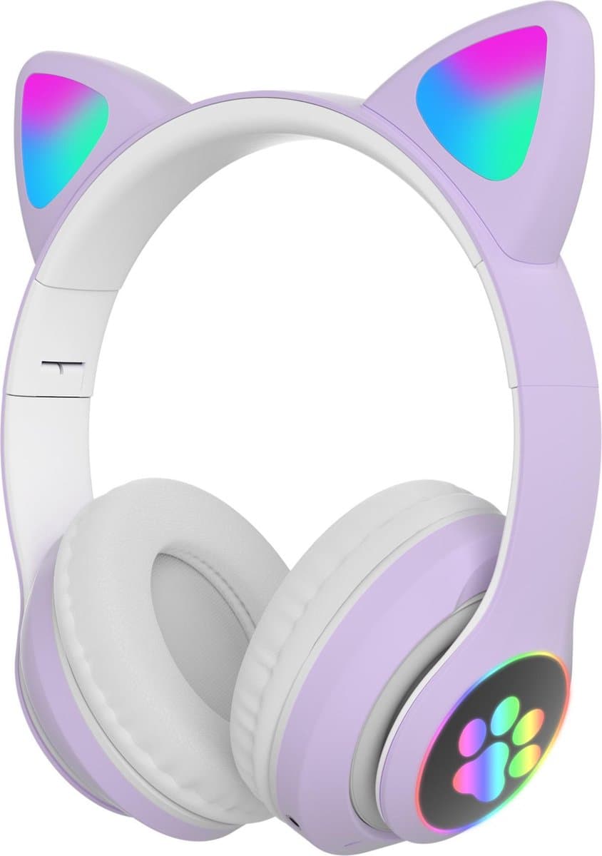 Kinder hoofdtelefoon - cat headphones| Draadloze koptelefoon Bluetooth met led kattenoortjes paars | Koptelefoon voor Kinderen - Met Led Kat Oortjes | met verlichting poot — afbeelding 1