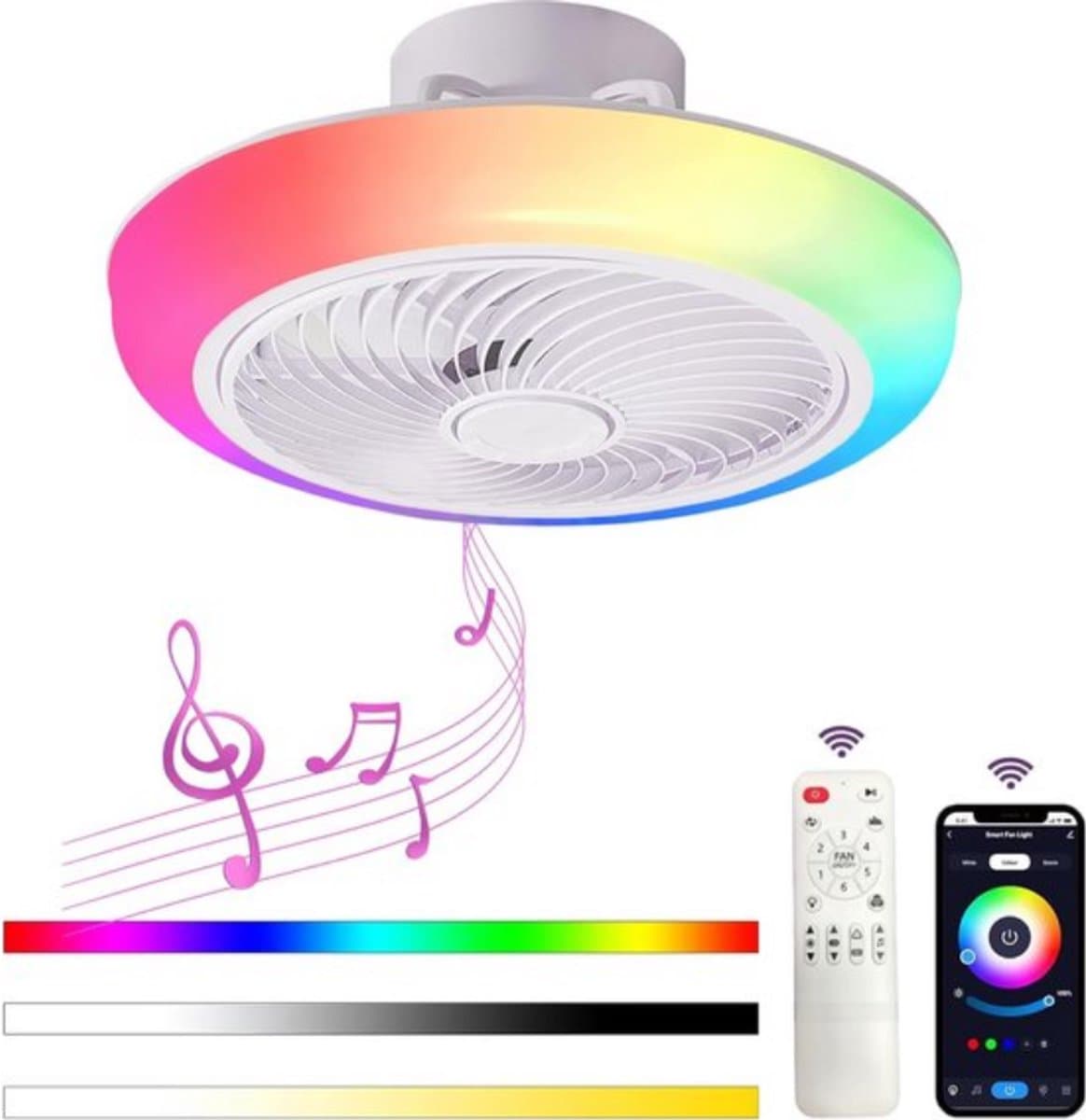 RGB Ventilator - Smart Lamp - Bluetooth Luidspreker - Dimbaar Met Afstandsbediening En App - Met Speaker - Plafondventilator - 46 cm - Woonkamerlamp - Moderne lamp — afbeelding 1
