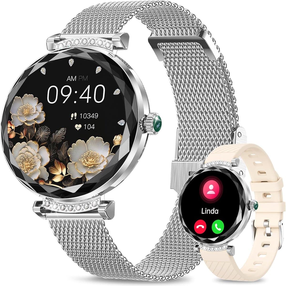 Synyq Diamond Smartwatch Dames Zilver - 39mm - AMOLED Scherm - 2 Bandjes - Horloge met Belfunctie - Bloeddrukmeter - Stappenteller - Dames Horloge -Android en iOS — afbeelding 1
