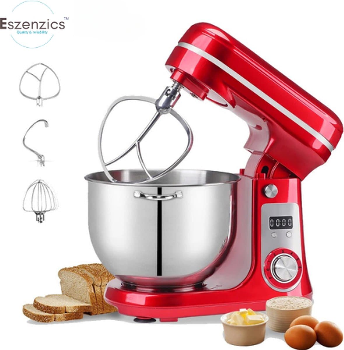 Eszenzics™ Keukenmachine - Krachtige Keukenmixer - Compact - Deegmixer - Mixer - Kneedmachine - 6 Liter - 1200W - 6 Snelheden - RVS - Rood — afbeelding 1