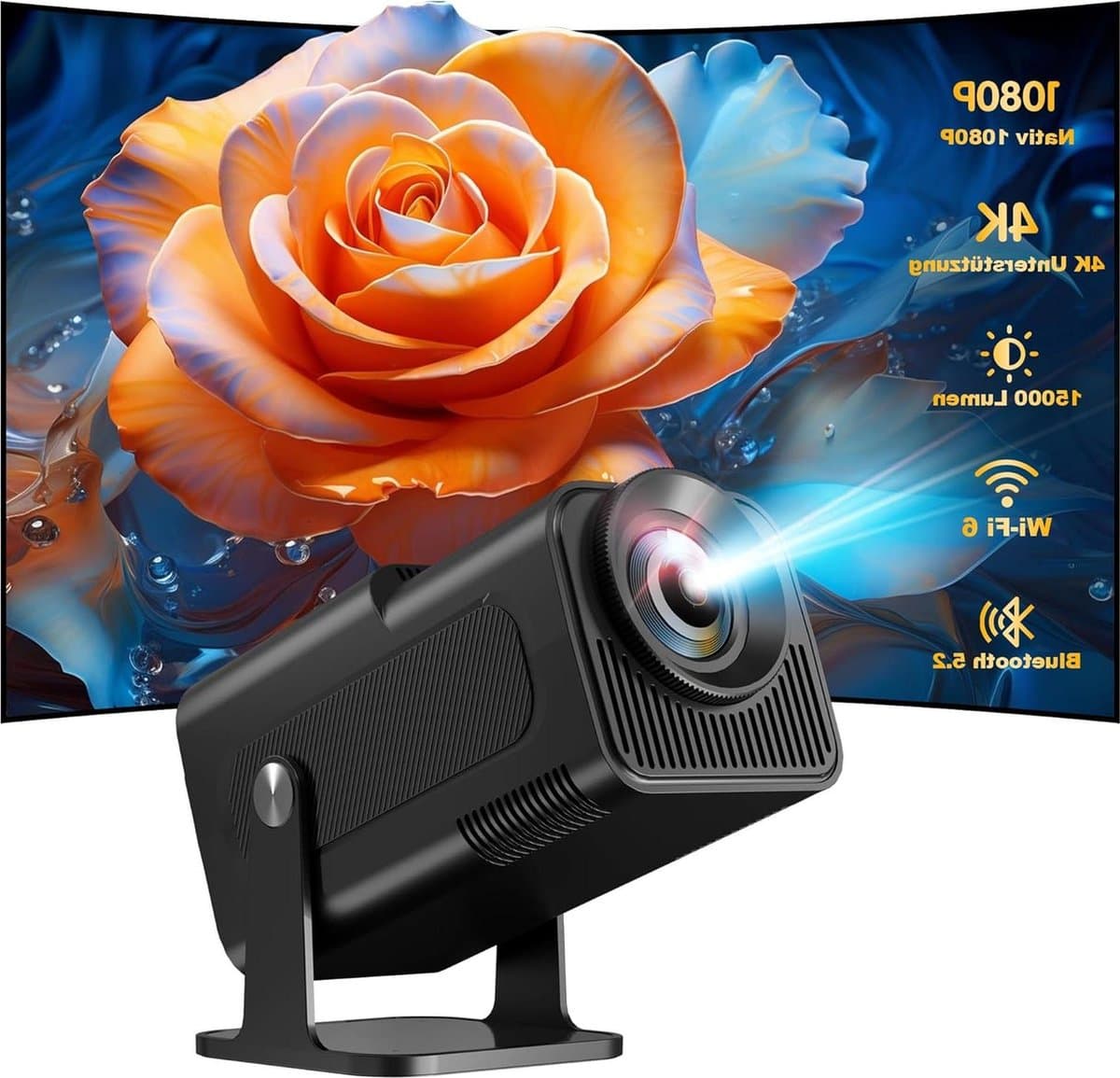 4K Mini-beamer met Native 1080p Resolutie voor Thuisbioscoop - 500 ANSI lumen - Android 11.0 OS - Wifi 6 - BT 5.2 - Automatische 180 graden Rotatie Beamer — afbeelding 1