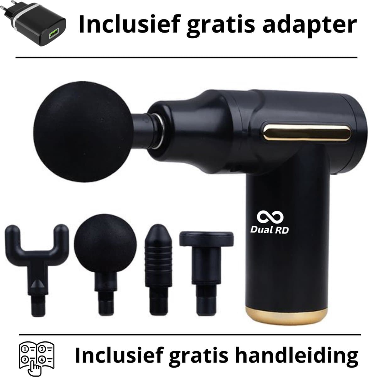 Dual R&D Massage Gun + GRATIS Adapter - Massage-Gun -Mini Massage gun - Massage Apparaat -Massagegun - Massage pistool - incl. 4 opzetstukken - Draadloos - Oplaadkabel — afbeelding 1