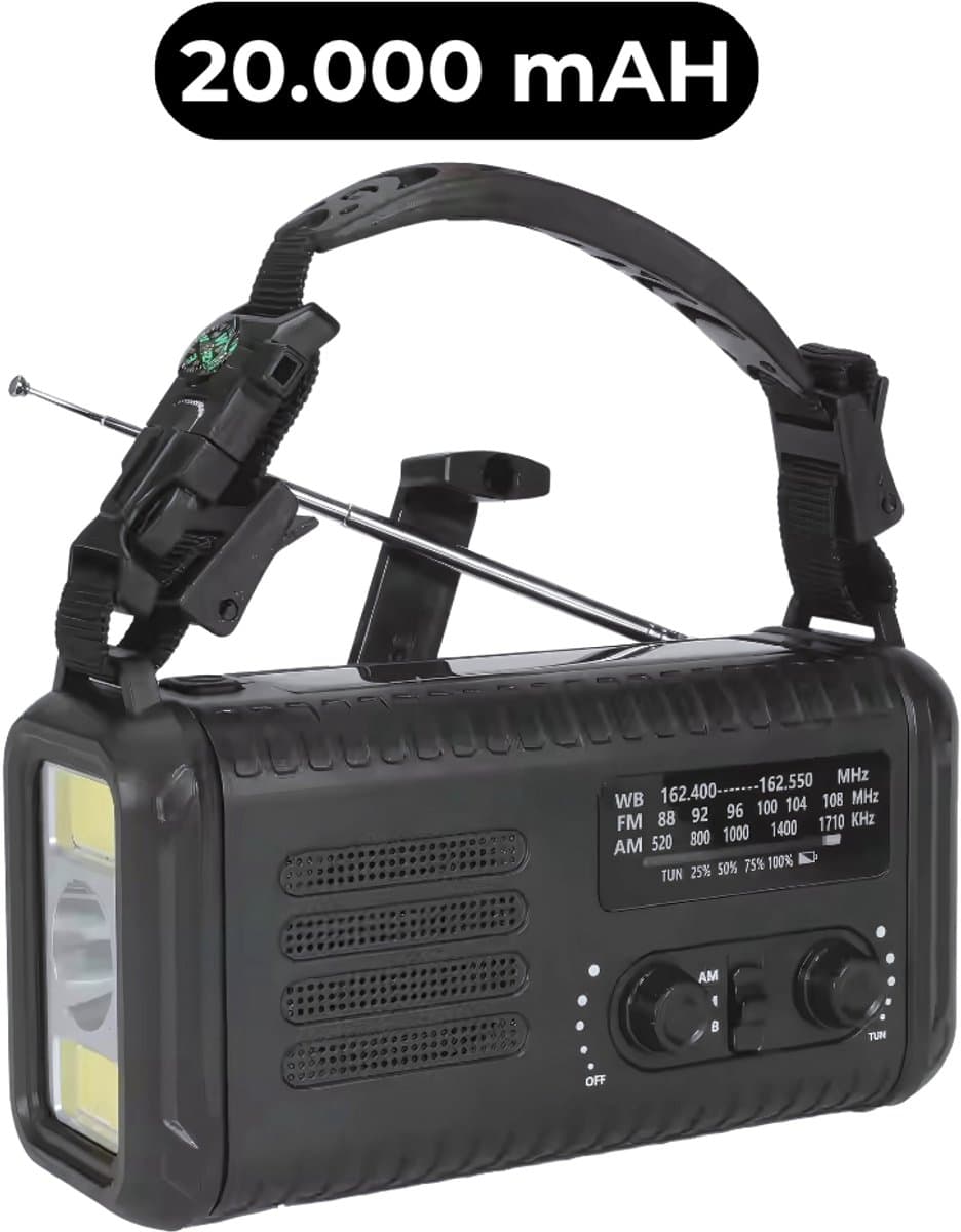 Noodradio - Solar Opwindbaar - 20.000 mAH Powerbank - Geschikt voor iedere situatie - Radio All in 1 pack - Noodpakket voor Avontuur en Oorlog - Nood Radio - Noodrantsoen - Beste Noodradio van 2025! — afbeelding 1